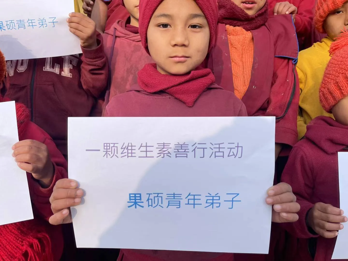 A child holding a sign bearing the Chinese name of the Vitamins for the Kids initiative.